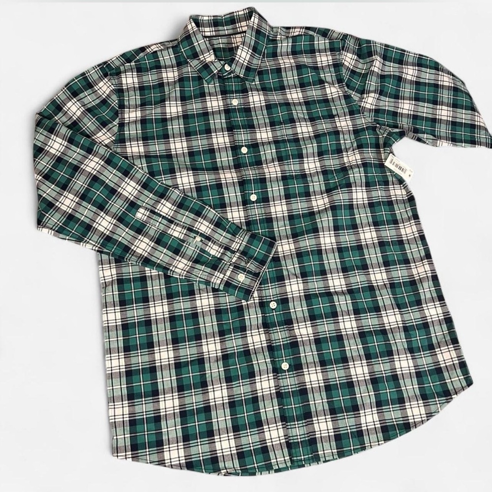 Amazon Essentials Men's long‎ sleeve Green and White Plaid button up Size Large